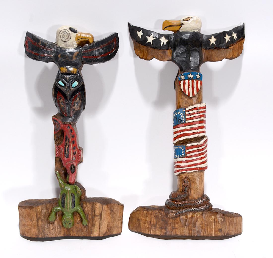 Chea Redditt. Am. & Native Am. Themed Mini Totems.: Chea Redditt. Am. & Native Am. Themed Mini Totems. 2016. Signed and dated. Carved and painted wood with mixed media. Excellent condition. Tallest is 15”h. Est. $200-300. Ship: $45