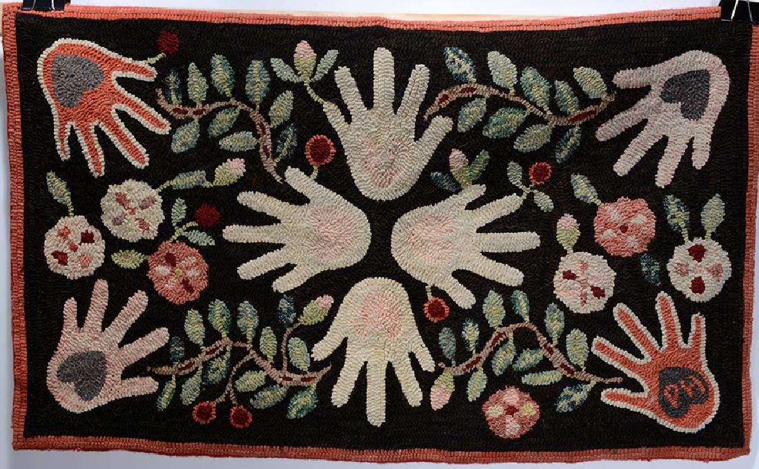 Pat Hornafius. Hand & Flowers Rug.: Pat Hornafius. Hand & Flowers Rug. 1990. Signed and dated. Wool rug. Excellent condition. 36” x 21”. Provenance: The Estate of Dr. Gladys Fry. Est. $200-300. Ship: $45