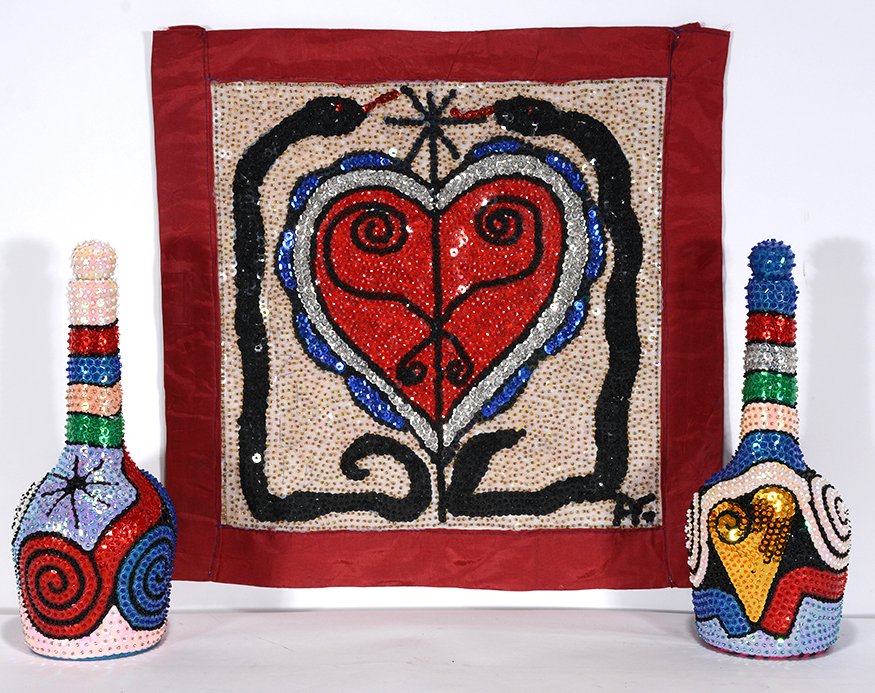 Haitian Voodoo Flag with Decorated Bottles. (1 of 1)