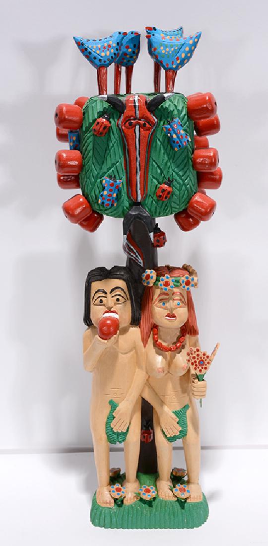 Jan Skora. Adam & Eve.: Jan Skora. Adam & Eve. Signed. Carved and painted wood with lots of details. Excellent condition. 20” h x 5” x 6”. Est. $200-300. Ship: $45