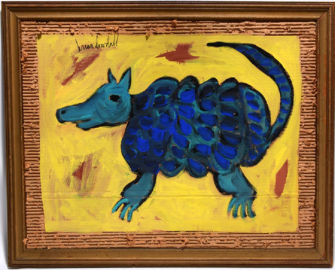 Brian Dowdall. Armadillo.: Brian Dowdall. Armadillo. Signed. Not dated. Paint on cardboard. Excellent condition. Size with frame is 31” w x 25” h. Est. $200-300. Ship: $45