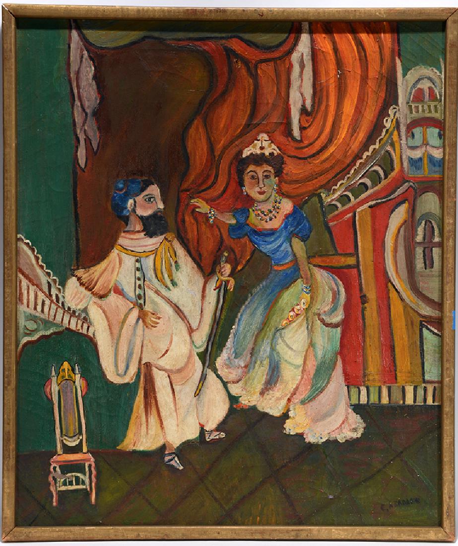 C. Kramer. Biblical Story of Ester.: C. Kramer. Biblical Story of Ester. Signed. Not dated. Oil on canvas. Minor hole at top and some large oil crazing with minor loss, otherwise fair condition. Size with frame is 23” w x 27”h. Est.