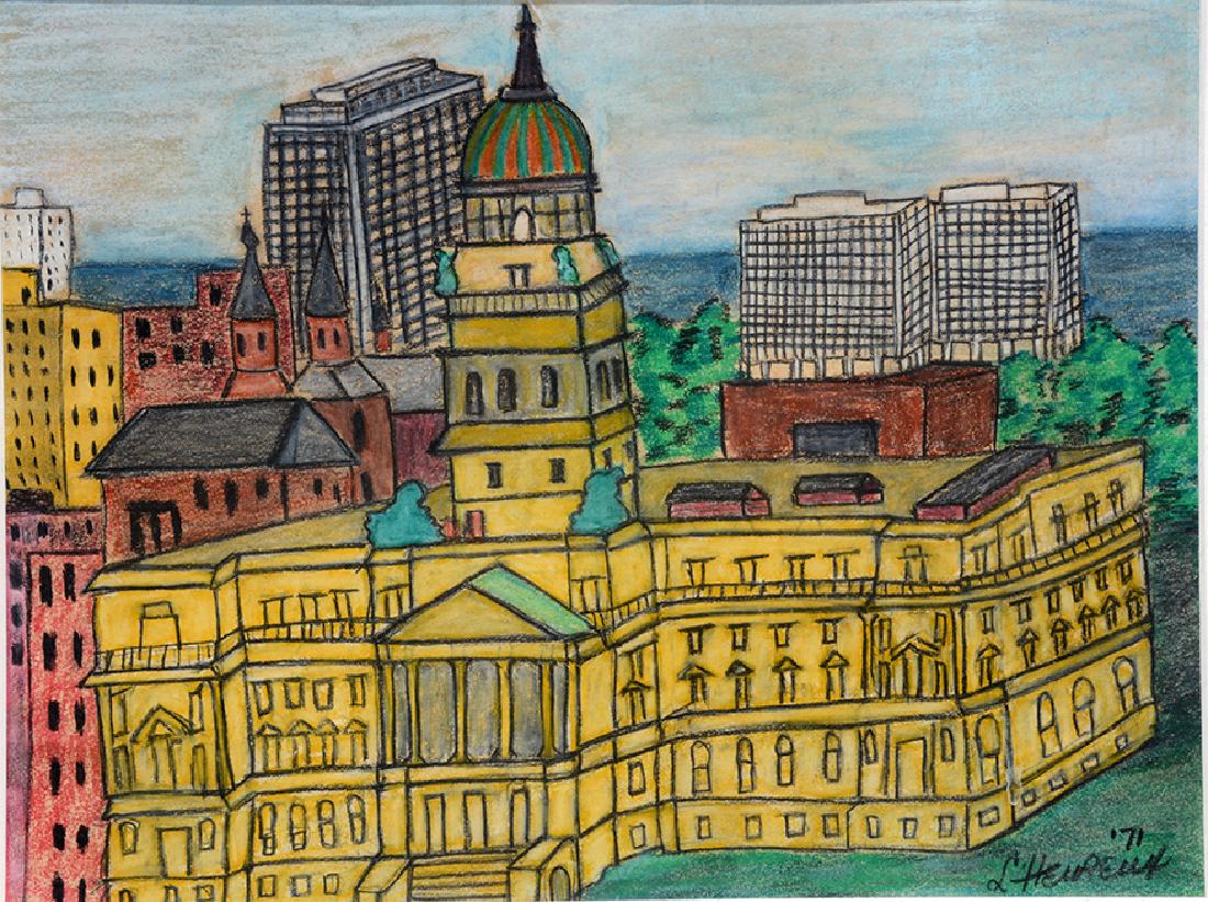 L. Heurelly. Georgia State Capital.: L. Heurelly. Georgia State Capital. 1971. Signed and dated. Colored pencil on paper. Excellent condition. Size with frame is 18” w x 16”h. Provenance: John Baeder. Est. $300-500. Ship: $35