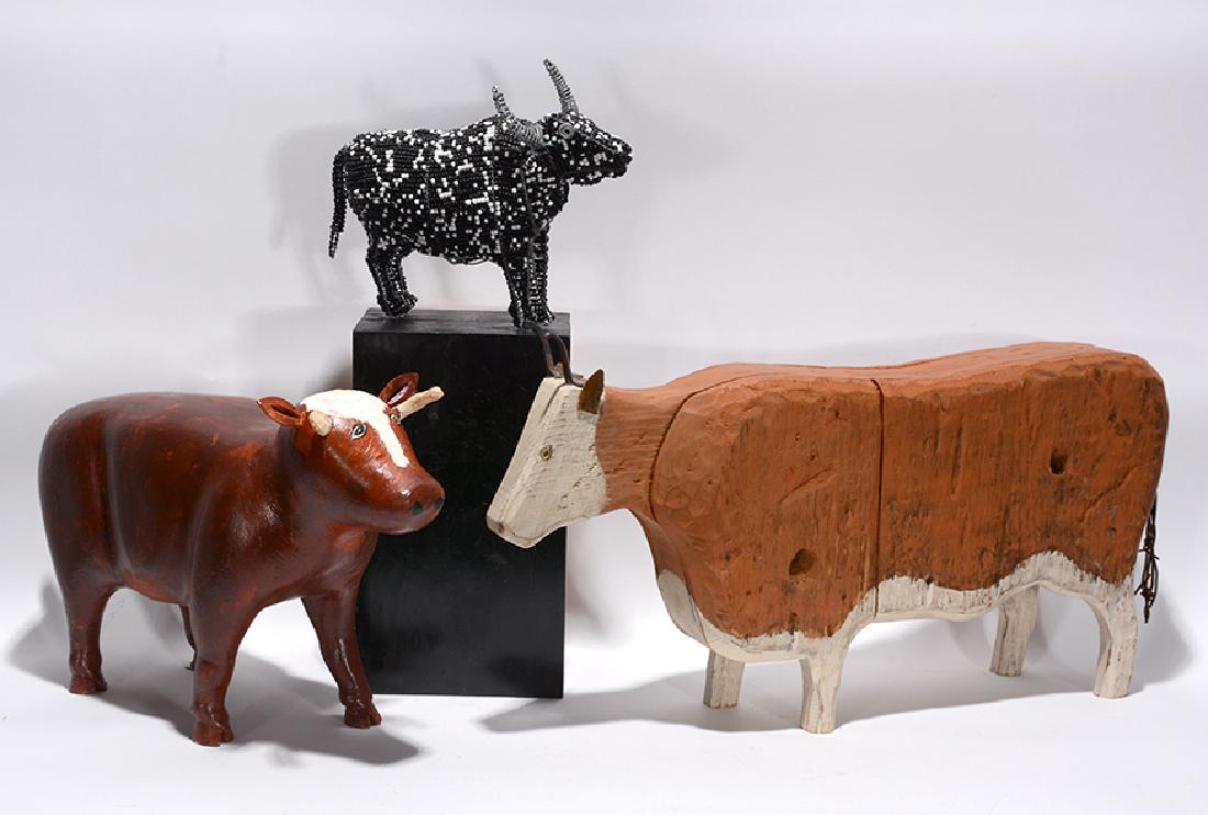 Kilbride, Willis & Other. Three Bulls.: Kilbride, Willis & Other. Three Bulls. Signed. Not dated. Carved and painted wood with mixed media. Excellent condition. Largest is 24”long x 11” x 5”. Est. $300-500. Ship: $100