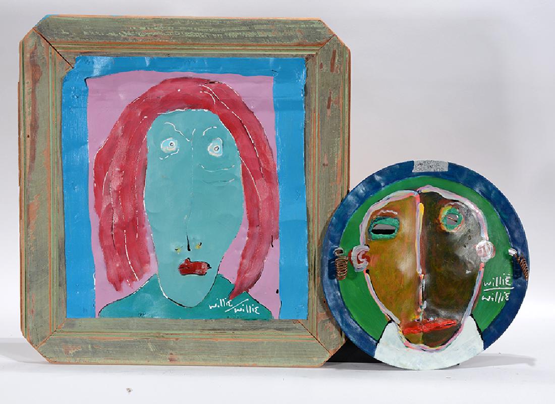 Willie White. Pair of Works.: Willie White. Pair of Works. 2000. Signed and dated. Paint on metal with mixed media. Excellent condition. 17” x 17”. Est. $200-300. Ship: $45