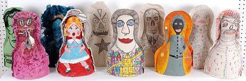 Ed Paschke and Others Artistic Knock Downs: Group of 10. Created for a fundraiser with Intuit Silent Auction. Various artists such as renown Chicago Artist, Ed Paschke (the Black and white doll), Benny Carter, Howard Finster, Peter Mars. Paint