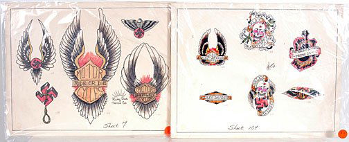 Sailor Moses Flash Art Harley Davidson: Flash art by Sailor Moses. Two sheets. both 14" x 11". These two feature Harley Davidson logos and swastika. Dated 1979 Est. $100 - $200 / Ship: $25