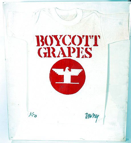 Juan Downey Boycott Grapes Protest T-Shirt: Protest t-shirt from the 1960's - first of 50 made. Silkscreen on fabric displayed at the Corcoran Gallery. Sold for benefit of Cesar Chavez, grape boycott of the 1960's. "All proceeds are a contribut