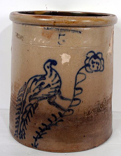 Roberts Salt Crock: Salt glaze stoneware - five gallon crock stamped 'W. Roberts' of Binghampton, N.Y. Cobalt peacock decor, fair condition with missing lug handles and glaze chips. 13"?H Est. $100 - $200 / Ship: $35