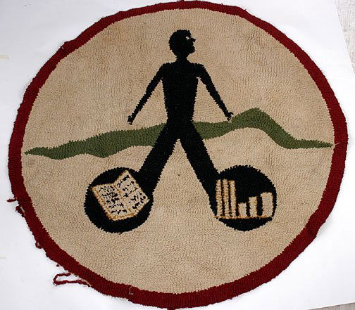 Bill Traylor Style Hooked Rug: Anonymous. c. 1930's. Bill Traylor style. One foot has ten commandments - One foot has industrial style buildings. Good condition. 47" x 47" diameter Est. $400 - $600 / Ship: $25