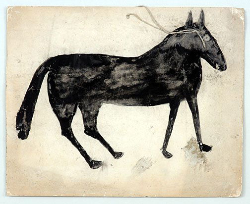 Bill Traylor Black Horse: Paint and graphite on paper. Excellent example of Traylor's work. Very good condition. Dark and light hues with original string - used to hang piece. Early and very strong work. Image: 13.5 x 11. Fram