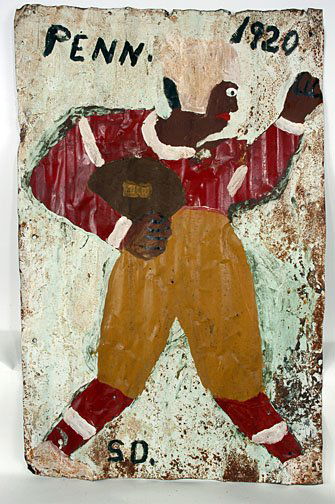 Sam Doyle Football Player: Penn State 1920 Football Player. Paint on tin. Environmental piece. Fantastic example by Sam Doyle. One of the best we've seen! 27 x 43 Est. $8,000 - $12,000 Ship: $45