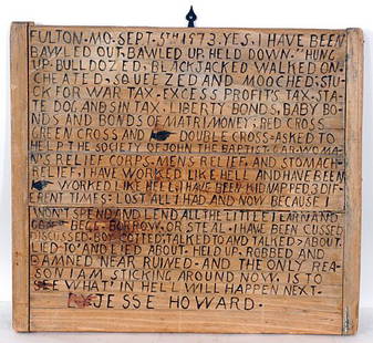 Jesse Howard I Have Been Bawled Out: c. 1974. Marker on wood. 20 x 17.5. Mint condition. Purchased from artist - inscription on back tells of artist and history of piece. Made from a discarded breadboard from the Presbyterian Church when