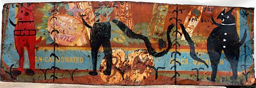 R. A. Miller Devils: Painted on Bireley's Fruite Drinks sign. Paint on tin. Rusted and Faded. 36t x 117w. VERY LARGE Est. $1,000 - $2,000 Buyer Responsible for Shipping