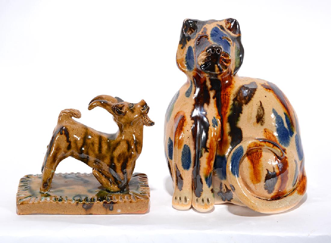 Billy Ray Hussey. Spotted Cat & Goat.: Billy Ray Hussey. Spotted Cat & Goat. Glazed ceramics. Cat is 7"h. Mint condition. Initialed, XIX. Goat is 4.5"h - back legs repaired, otherwise good condition, initialed, not numbered. Est. $200-400.