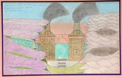 Joseph Yoakum. Ash Grove Lime & Portland Cement Co. Of: Joseph Yoakum. This Is A View Of The Ash Grove Lime And Portland Cement Co. Of Fulton Missouri. c. 1969-70. Signed and titled. Colored pencil and ink on paper. Excellent condition. Notice the smoke sm