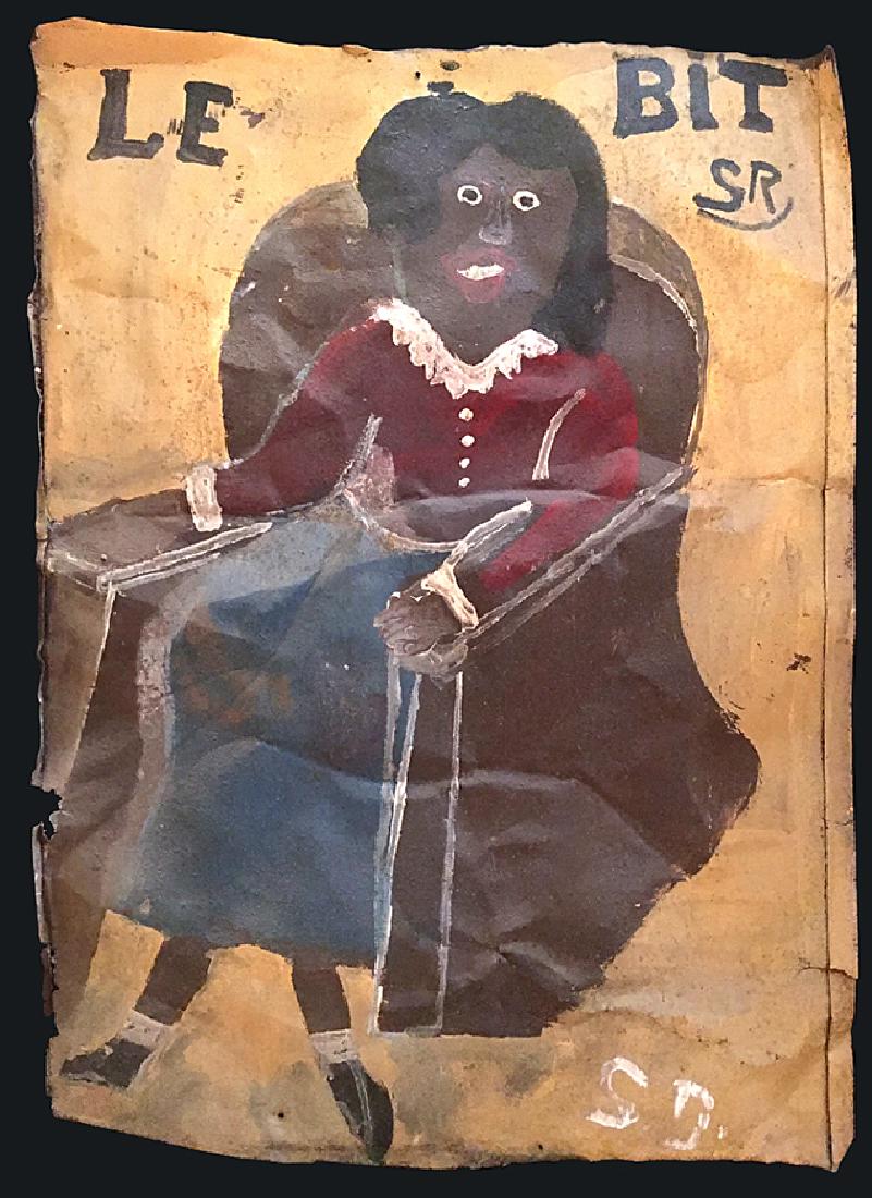 Sam Doyle. Le Bit.: Sam Doyle. Le Bit. Initialed and titled. House paint on found roofing tin. Environmental weathering, otherwise excellent condition. 28.5" w x 39"h. Provenance: Louanne LaRoche Collection. Exhibited at