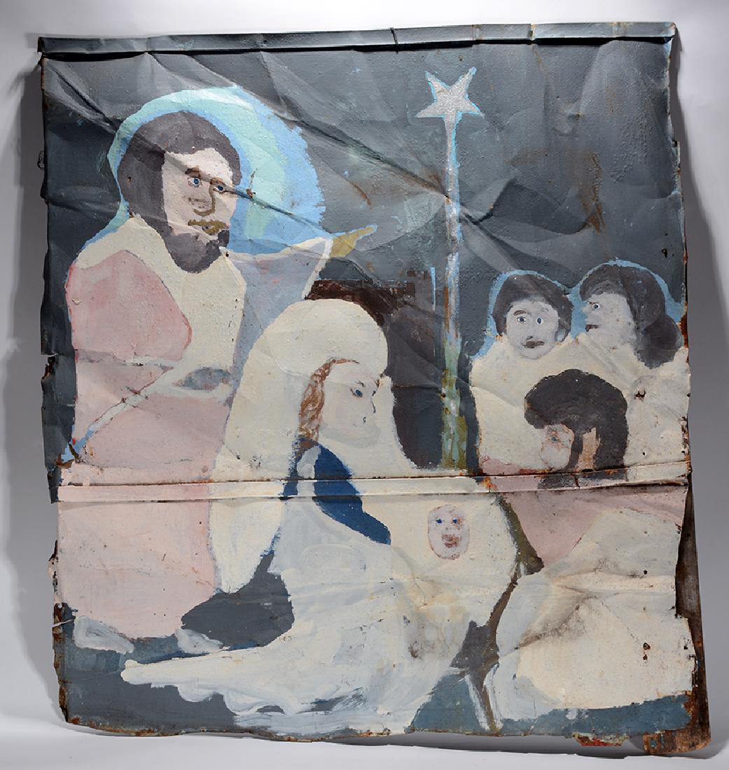 Sam Doyle. Nativity Scene With North Star & Baby Jesus.: Sam Doyle. Nativity Scene With North Star & Baby Jesus. c. 1970. Purchased from artist in early 1981. Initialed on back. Paint on found and rusted tin with original board and nails. Excellent conditio