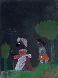 Clementine Hunter. Harriet Tubman Leading Child.: Clementine Hunter. Harriet Tubman Leading Child Out of Slavery. c. 1940's. Oil on paper. Excellent condition. Image is 9" w x 12"h. Archival frame is 18" w x 21"h. Authenticated by Shelby Gilley. Est.