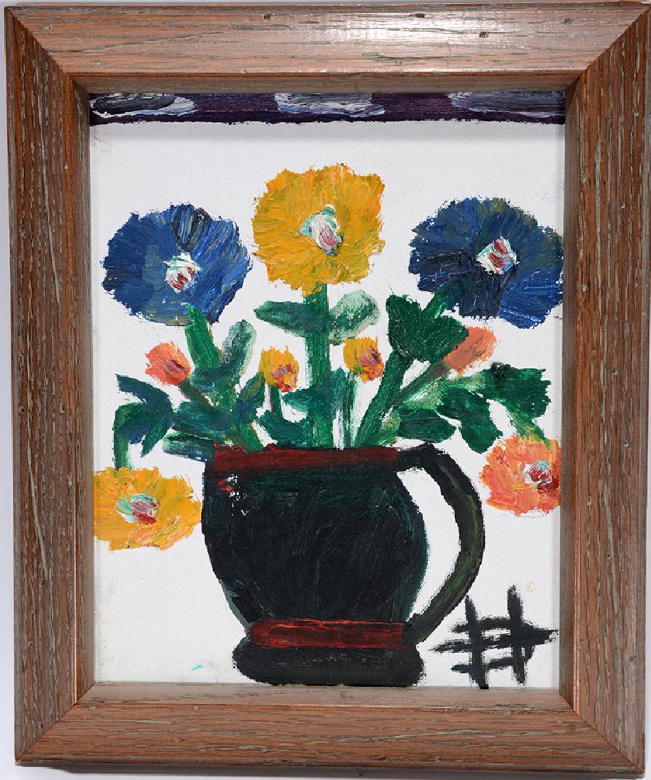 Clementine Hunter. Small Zinnias In May.: Clementine Hunter. Small Zinnias In May. c. 1970's. Initialed. Oil on canvas panel. Excellent condition. Size with frame is 10"x 12"h. Est. $500-800. Ship: $35