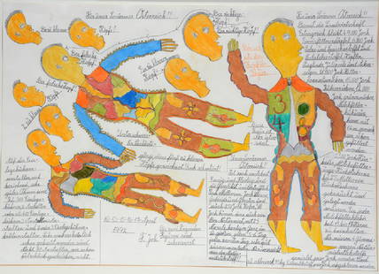 Johann Fischer. For Our Austria.: Johann Fischer (1919-2008). "Fur Unsere louiener Osterreich!! (For Our_____ Austria!!). 1992. Signed, dated and titled. Colored pencil, and ink on artist paper. This drawing describes his hallucinatio