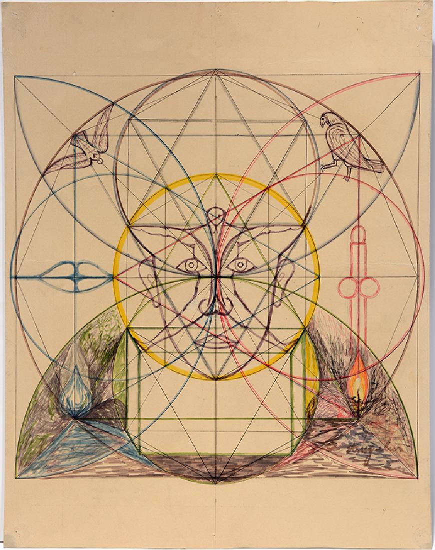 Angelus. Geometric Inder Symbolik Des Lebens.: Angelus - Geometric Inder Symbolik Des Lebens. Signed and titled. Not dated. Ink and marker on cardstock. Pin holes in corners, otherwise great condition. 16” w x 20” h. Est. $300-600. Ship: $45 -