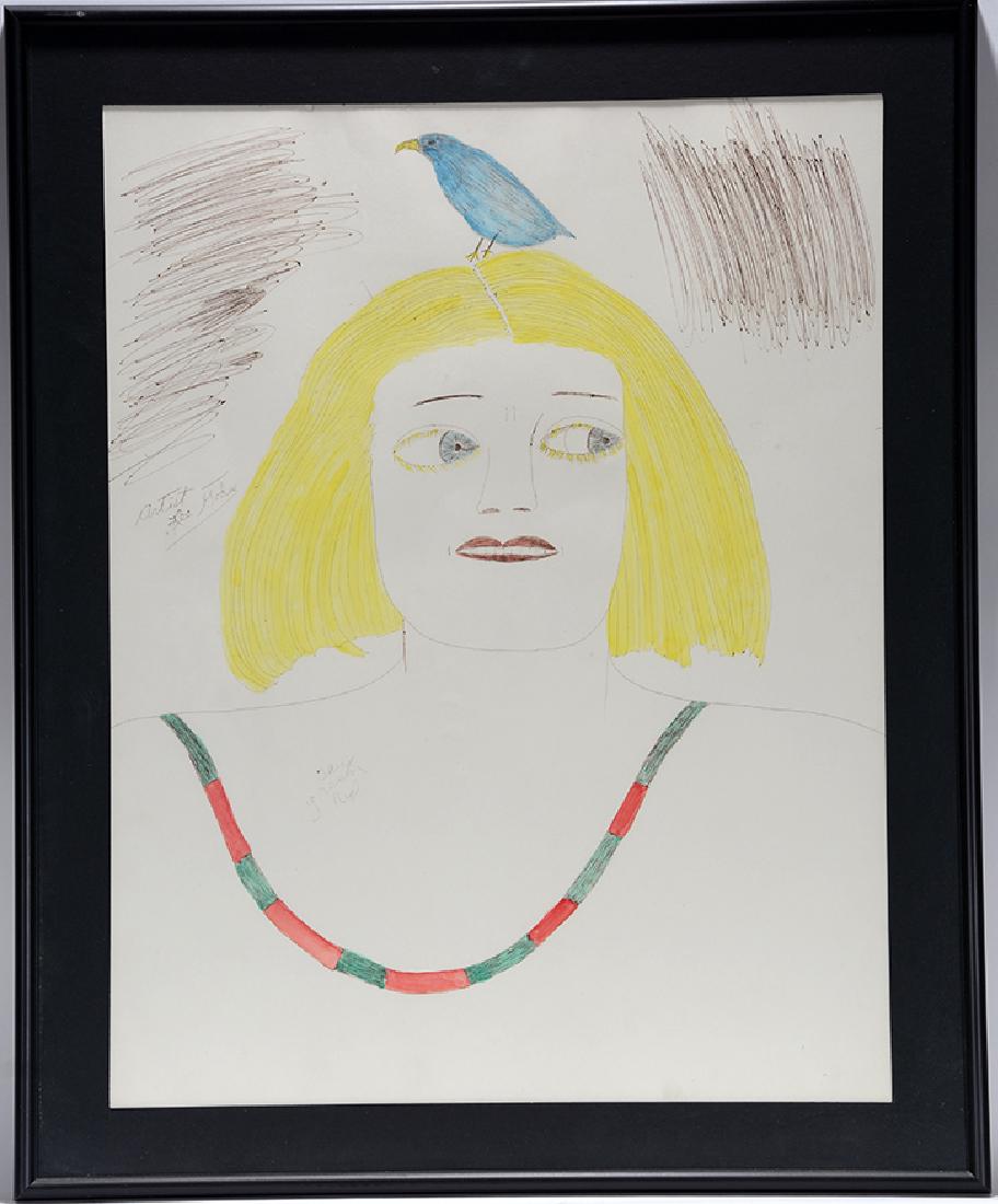 Lee Godie. Blond With Blue Bird On Head.: Lee Godie. Blond With Blue Bird On Head. Signed. Watercolor, marker and ink on poster. Excellent condition. Image is 21"w x 27". Frame is 27" w x 32"h. Provenance: Linda and Ted Meadors Collection. Es
