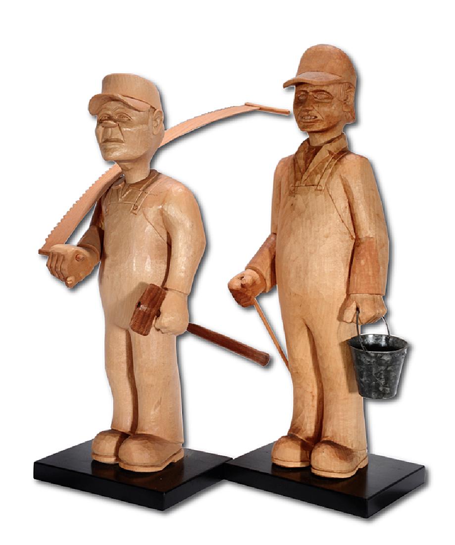 Unknown Kentucky Carver. Pair of Lumberjacks.: Unknown Kentucky Carver. Pair of Lumberjacks. Carved natural wood. Excellent condition. Average size is 19"h. Provenance: Linda and Ted Meadors Collection. Est. $300-500. Ship: $85
