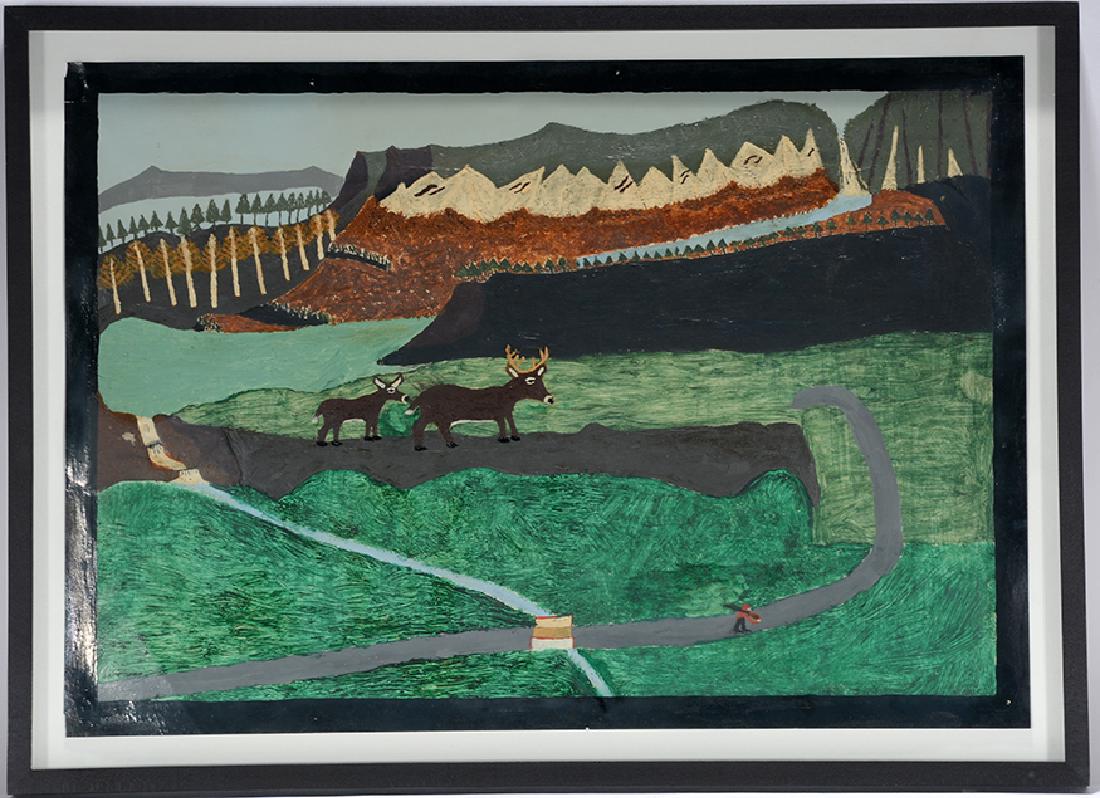 Clarence J. Swinyer. Hunting Deer Scene.: Clarence J. Swinyer. Hunting Deer Scene. c. 1950. Not able to see signature. Paint on paper. Original tack hole from artist hanging, otherwise excellent condition. Size with frame is 22" w x 16"h. Est