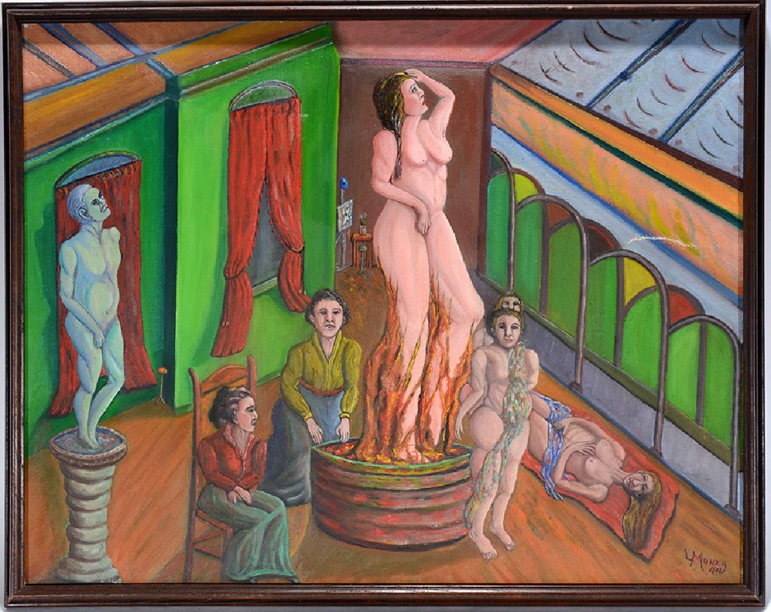 Louis Monza. La Salle’s Studio.: Louis Monza. La Salle's Studio. 1944. Signed, dated and titled. Oil on canvas. Paint rub on middle right, otherwise good condition. 29" w x 23"h. Est. $500-800. Ship: $65