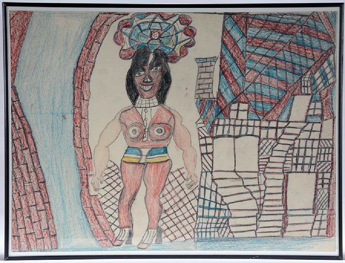Henry Speller. Erotic Street Walker.: Henry Speller. Erotic Street Walker. c. 1980's. Not signed. Crayon and colored pencil on paper. Some spots on paper, otherwise very good condition. 25"w x 19"h with frame. Provenance: Luise Ross Galle