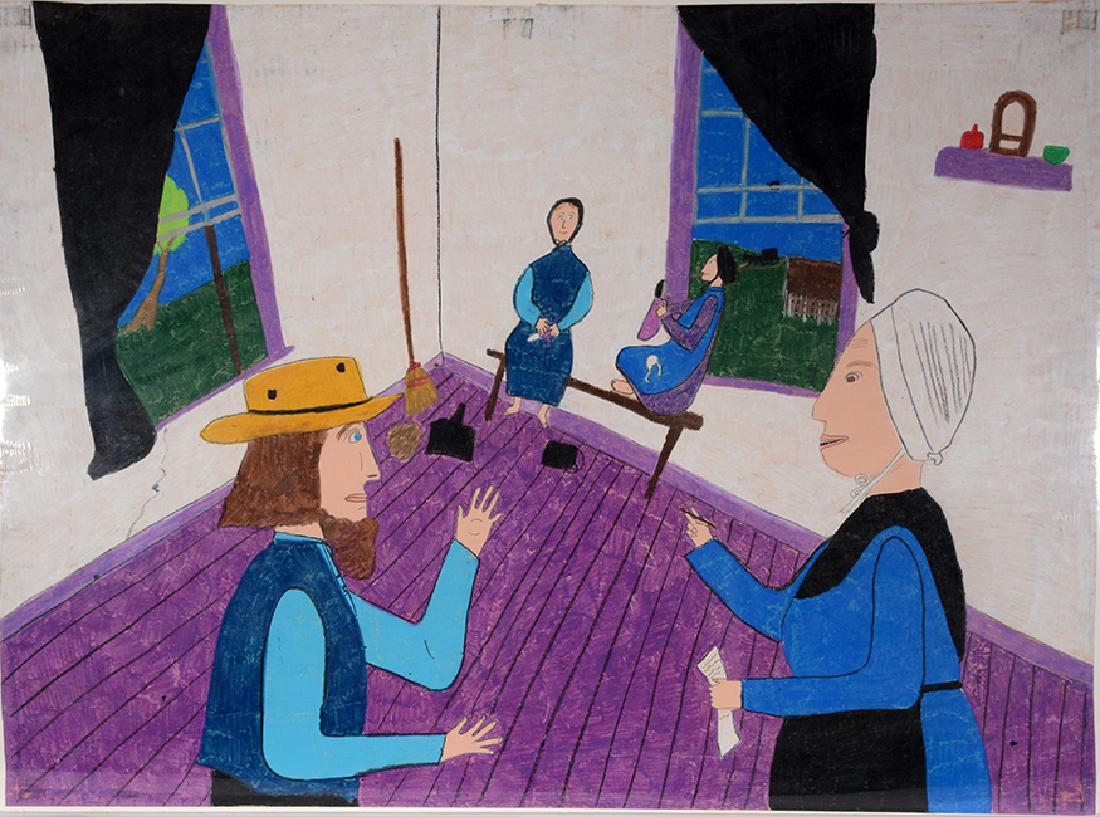 Jan Edwards. Amish Family.: Jan Edwards. Amish Family. c. 1980's. Mixed media on paper. 40"w x 30"h. Strong rich colors and folky skewed perspective. Est. $200-400. Ship: $85