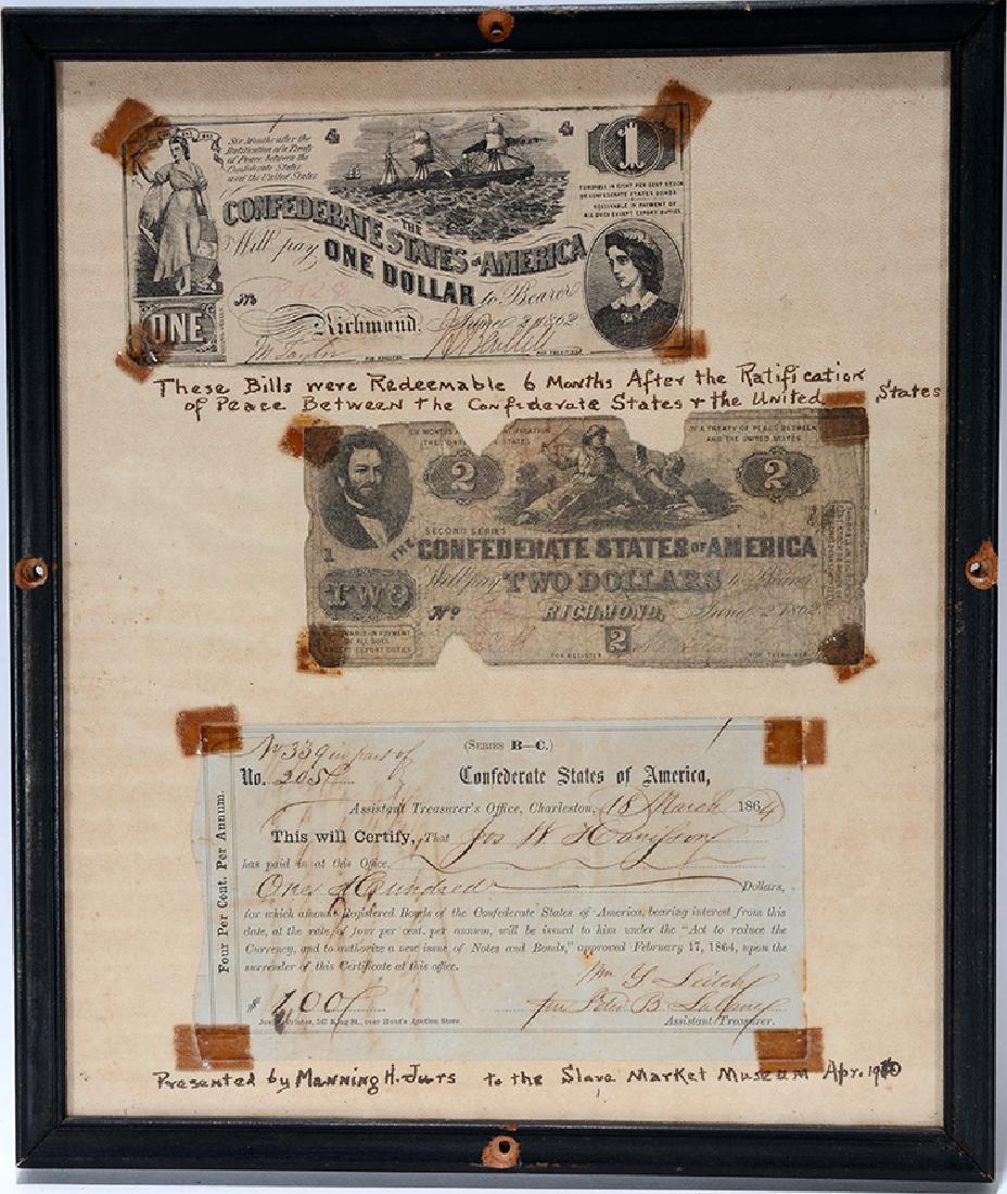 Confederate $1 & $2 Bills & 1864 Bond. (1 of 3)