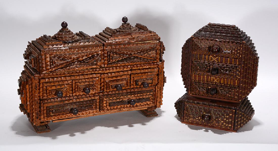Mini Tramp Art Furniture Boxes.: Mini Tramp Art Furniture Boxes. Chip-carved and stained wood. Good condition. Average size is 8" x 6" x 3". Est. $300-500. Ship:$65