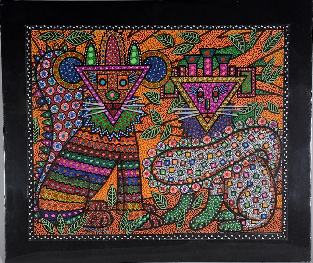 Mari Newman. Cat Couple.: Mari Newman (Minnesota). Cat Couple. 2001. Signed and dated. Ink and tempera on paper. Excellent condition. 17"w x 14"h. Est. $100-200. Ship:$35