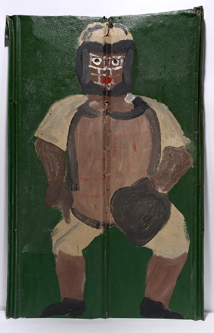 Sam Doyle. Negro League Baseball Catcher.: Sam Doyle. Negro League Baseball Catcher. Not signed. Not dated. Paint on found tin. Some environmental weathering and rust, otherwise great condition. 25"w x 39"h. Est. $8,000-12,000. Ship: $100