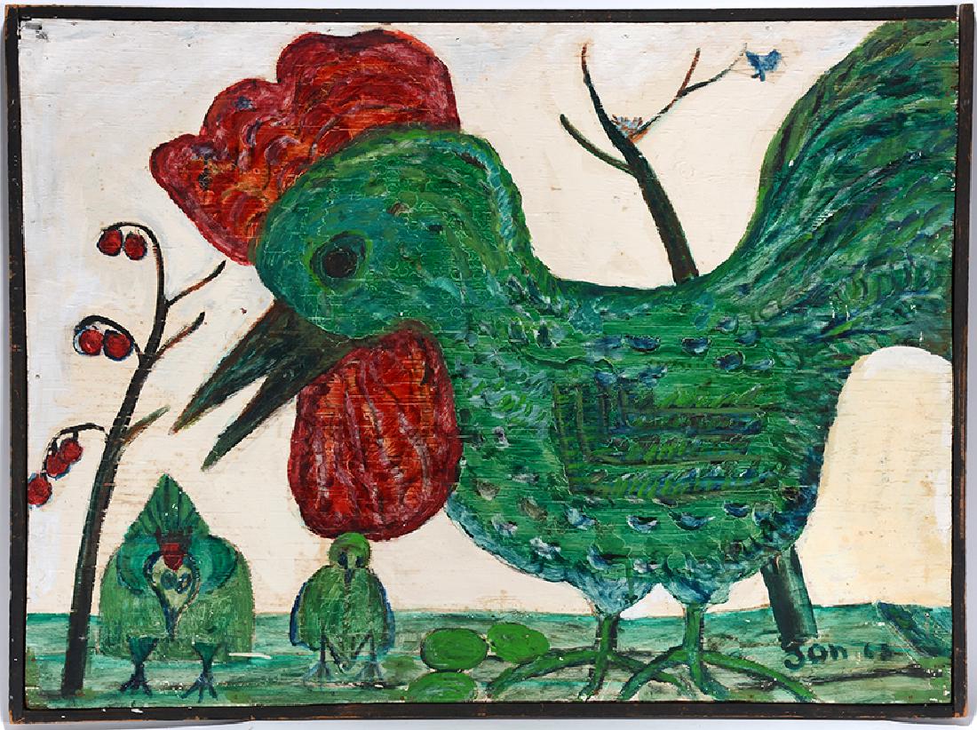 Jon Serl. Hen.: Jon Serl. Hen. 1968. Signed, dated and titled. Oil on found board. Minor crazing, otherwise great condition. 34" w x 25"h. Est. $3,000-5,000. Ship:$75