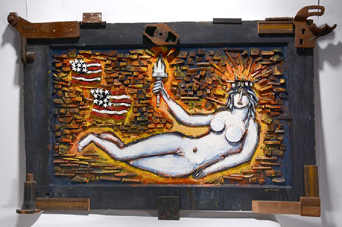Ab The Flagman. Nude Statue Of Liberty.: Ab The Flagman. Reclining Nude Statue Of Liberty. Signed. Not dated. Carved and assembled found painted wood with mixed media on wooden door. Excellent condition. 58"long x 38" x 3.5" d. Est. $1,000-2