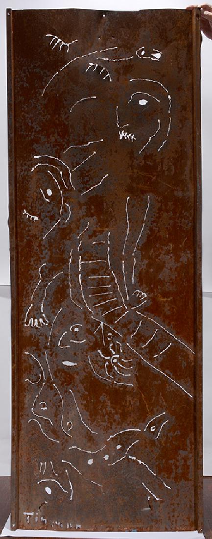 Charlie Lucas. Man With Beast.: Charlie Lucas. Man With Beast. Signed, ‘Tin Man.' Cut out rusted and found metal. Great environmental condition. 27" w x 73"h. Provenance: The Jimmy Hedges Collection. Est. $1,000-2,000. Ship: $250