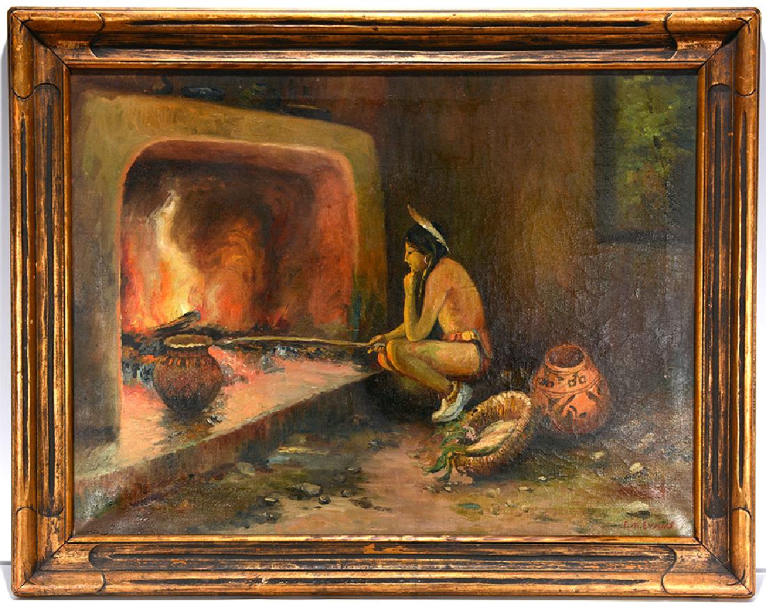 E.M. Evans. Folky Native Am. Potter.: E.M. Evans. Folky Native American Potter. c. 1930-40's. Signed. Oil on canvas. Minor paint loss at middle basket, otherwise good condition. Size with frame is 38" w x 30"h. Est. $1,000-1,500. Ship: $8