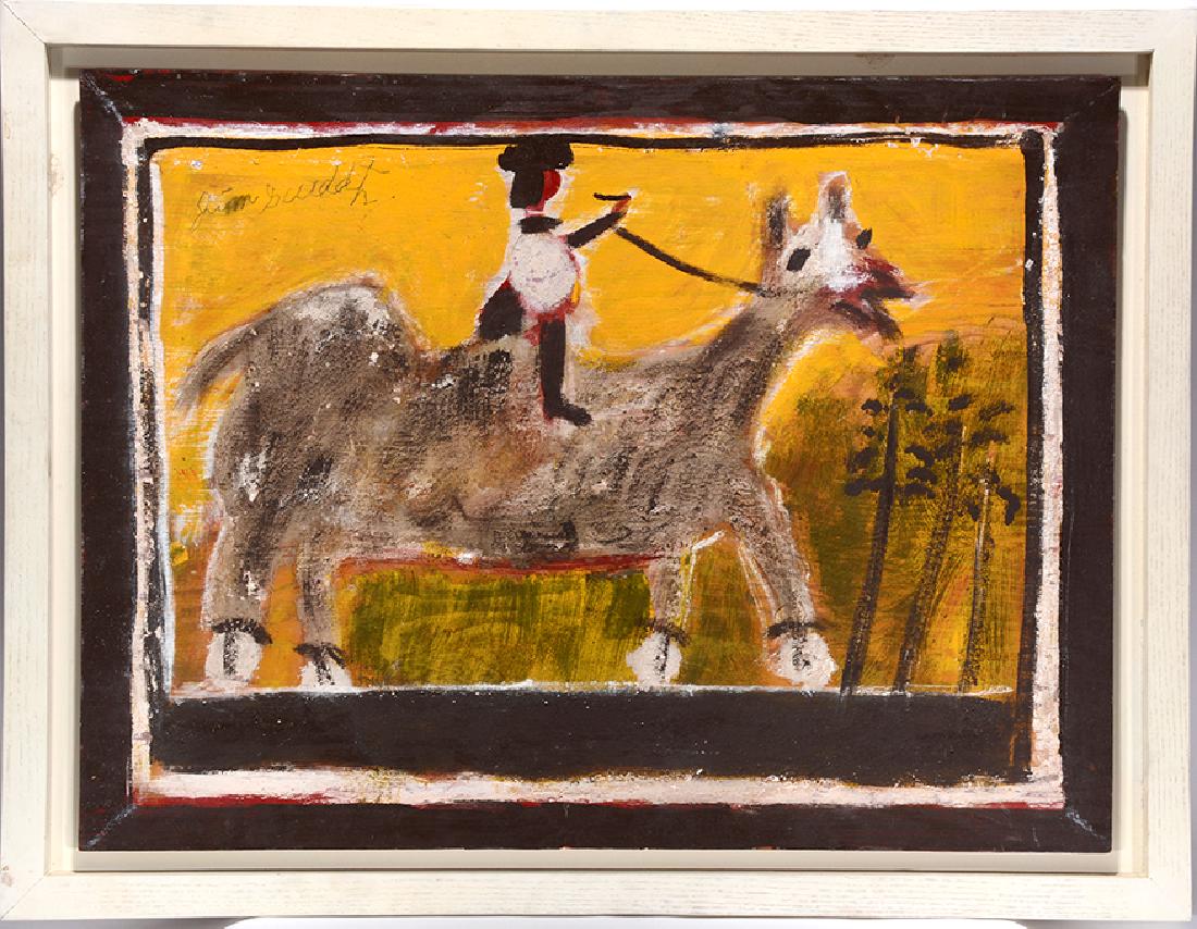 Jimmy Lee Sudduth. Woman On Camel.: Jimmy Lee Sudduth. Woman On Camel. Signed. Mud and paint on board. Excellent condition. Size with frame is 36" w x 28"h. Est. $300-500. Ship: $85