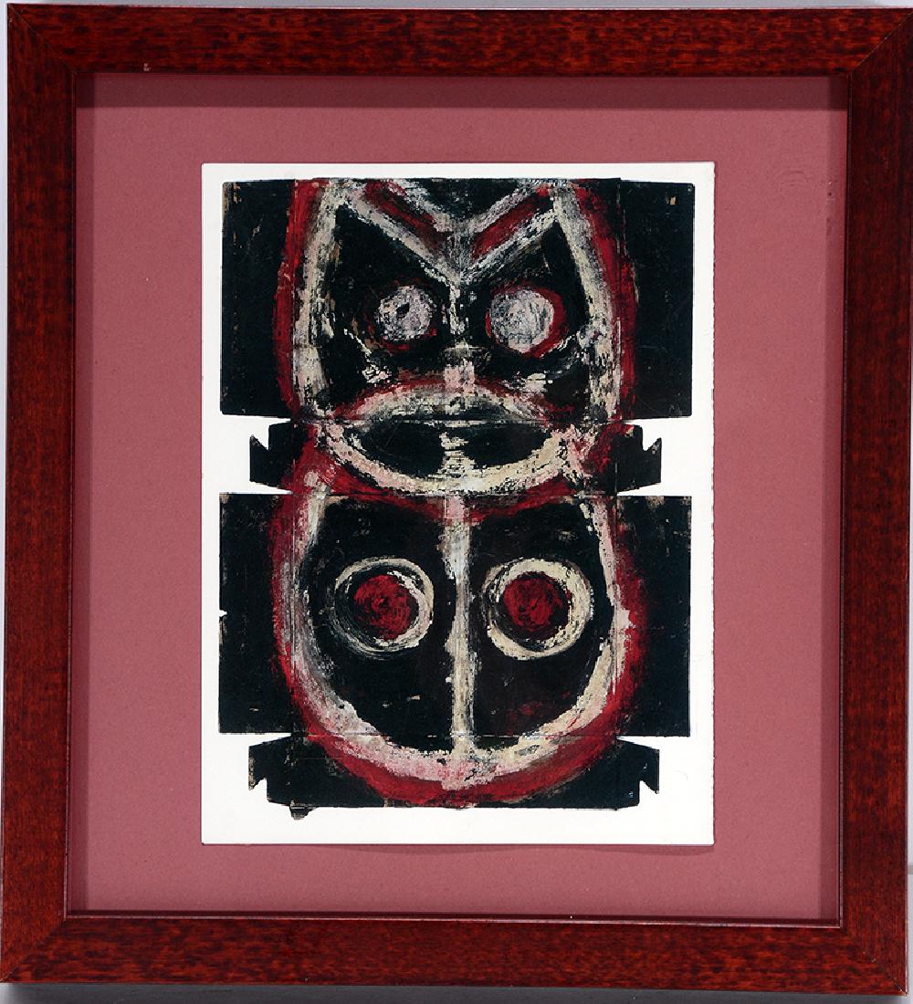 Michel Nedjar. Owl Figure.: Michel Nedjar. Owl Figure. Not able to see signature. Paint on unfolded cardboard packaging. Excellent condition. Size with frame is 10.5" w x 11.5"h. Est. $400-600. Ship: $35