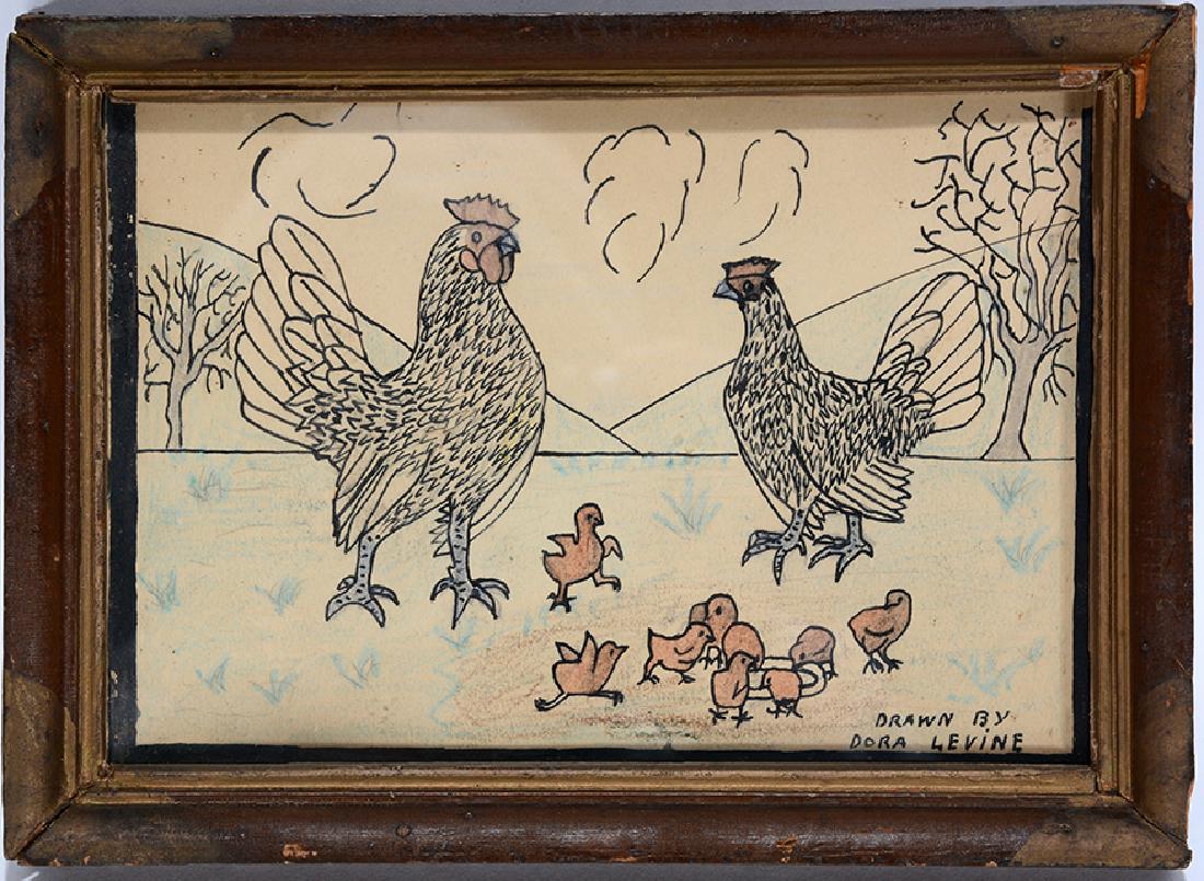 Dora Levine. Chicks In The Yard.: Dora Levine. Chicks In The Yard. c. 1940's. Signed. Ink and colored pencil. Frame appears to be handmade, but probably not by Dora. Size with frame is 8"x 6". Excellent condition. Est. $200-300. Ship: