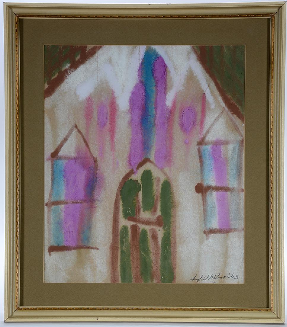 Sybil Gibson. Church.: Sybil Gibson. Church. 1963. Signed and dated. Watercolor on grocery bag. Excellent condition. Size with frame is 15" w x 17"h. Provenance: Sybil Gibson Family Collection. Est. $200-400. Ship: $45