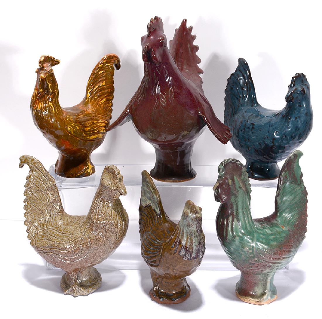 Charles Moore. 6 Pottery Roosters & Hens. (1 of 2)