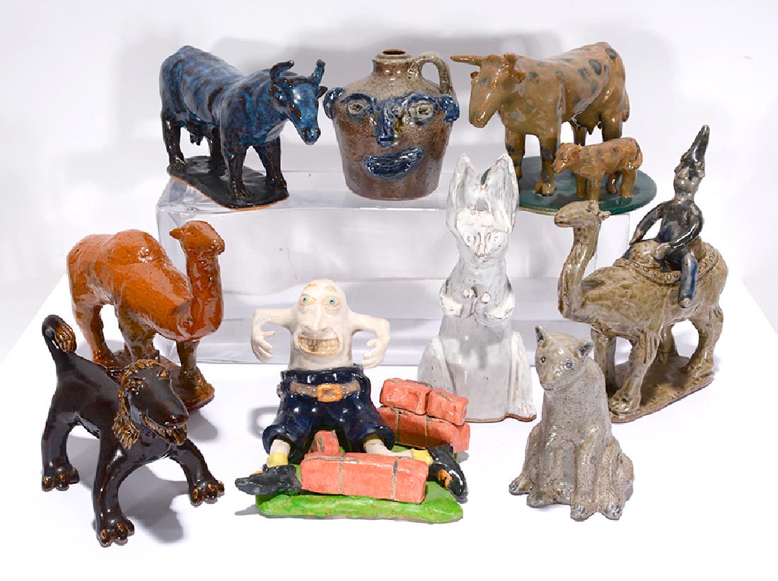 Charles Moore & Stacey Lambert. 9 Pottery Pieces.: Charles Moore & Stacey Lambert. Nine Pottery Animals and Face Jug. 2002-4. Signed and dated. Mint condition. Average size is 8"h. Est. $300-500. Ship: $150