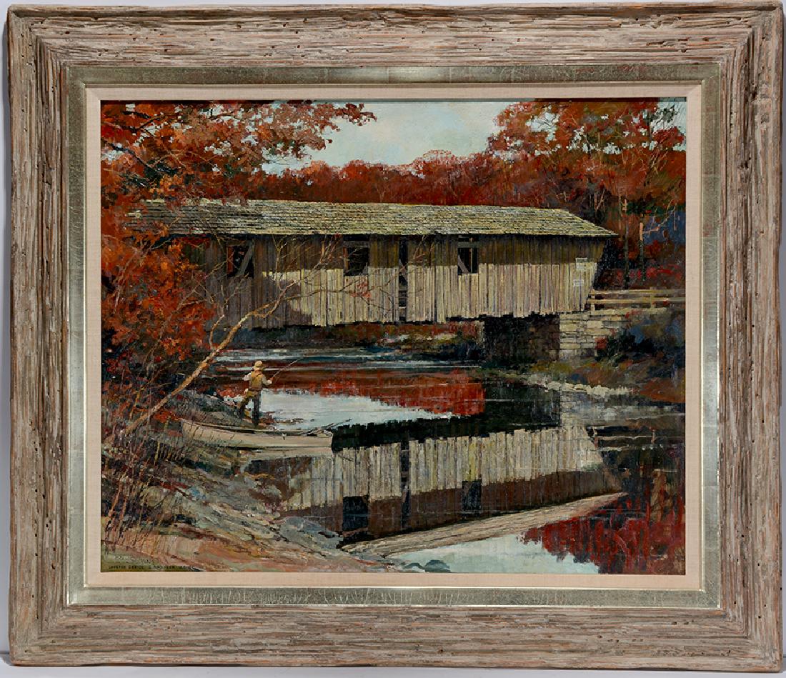 Eric Sloane. Lovejoy Bridge, S. Andover Maine.: Eric Sloane. Lovejoy Bridge, S. Andover Maine. Titled on front. Written on back,'Cornwall Bridge, Conn.' Oil on masonite. Excellent condition. Size with frame. 40"w x 35"h. Est. $300-500. Ship: $125