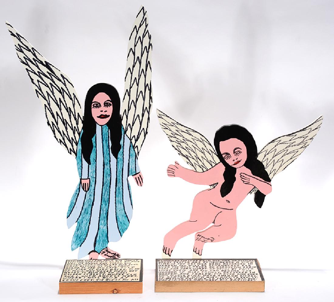 Howard Finster. Pair Of Angels.: Howard Finster. Pair Of Angels. 1994. Signed and dated. Paint and marker on cut out wood with paper labels. Great condition. Tallest is 17"h. Est. $200-300. Ship: $45