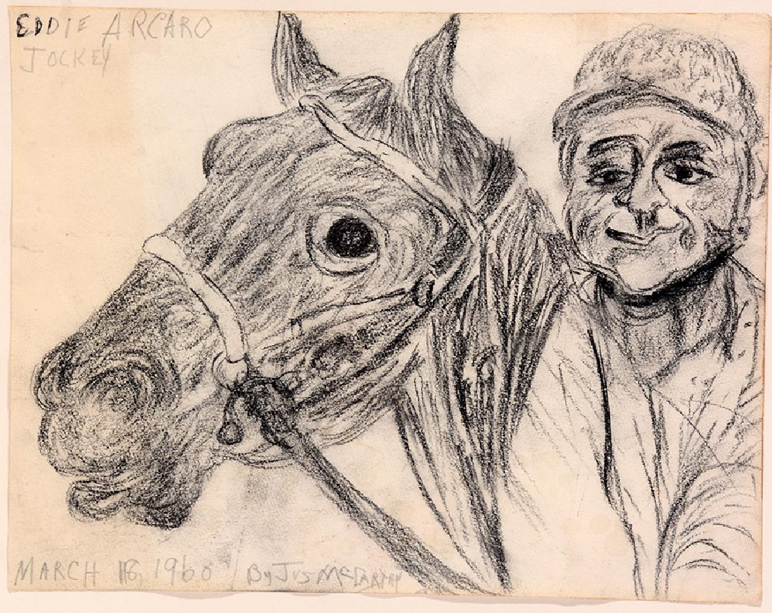 Justin McCarthy. Eddie Arcaro Jockey.: Justin McCarthy. Eddie Arcaro Jockey. 1960. Signed, dated and titled. Crayon on paper. Excellent condition. Image is 11.5"w x 9"h. Frame is 20"w x 17"h. Est. $300-500. Ship:$45