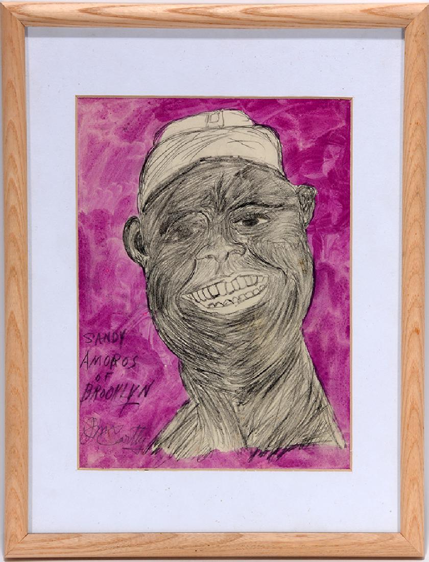 Justin McCarthy. Sandy Amorus Of Brooklyn.: Justin McCarthy. Sandy Amorus Of Brooklyn. Signed and titled. Watercolor on paper. Excellent condition. Size with frame is 13"w x 17"h. Est. $300-500. Ship: $45